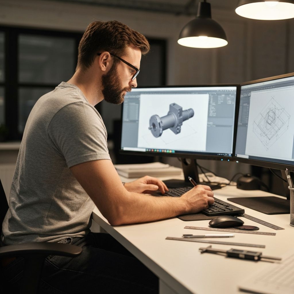 Engenheiro a trabalhar num projeto mecânico com software CAD